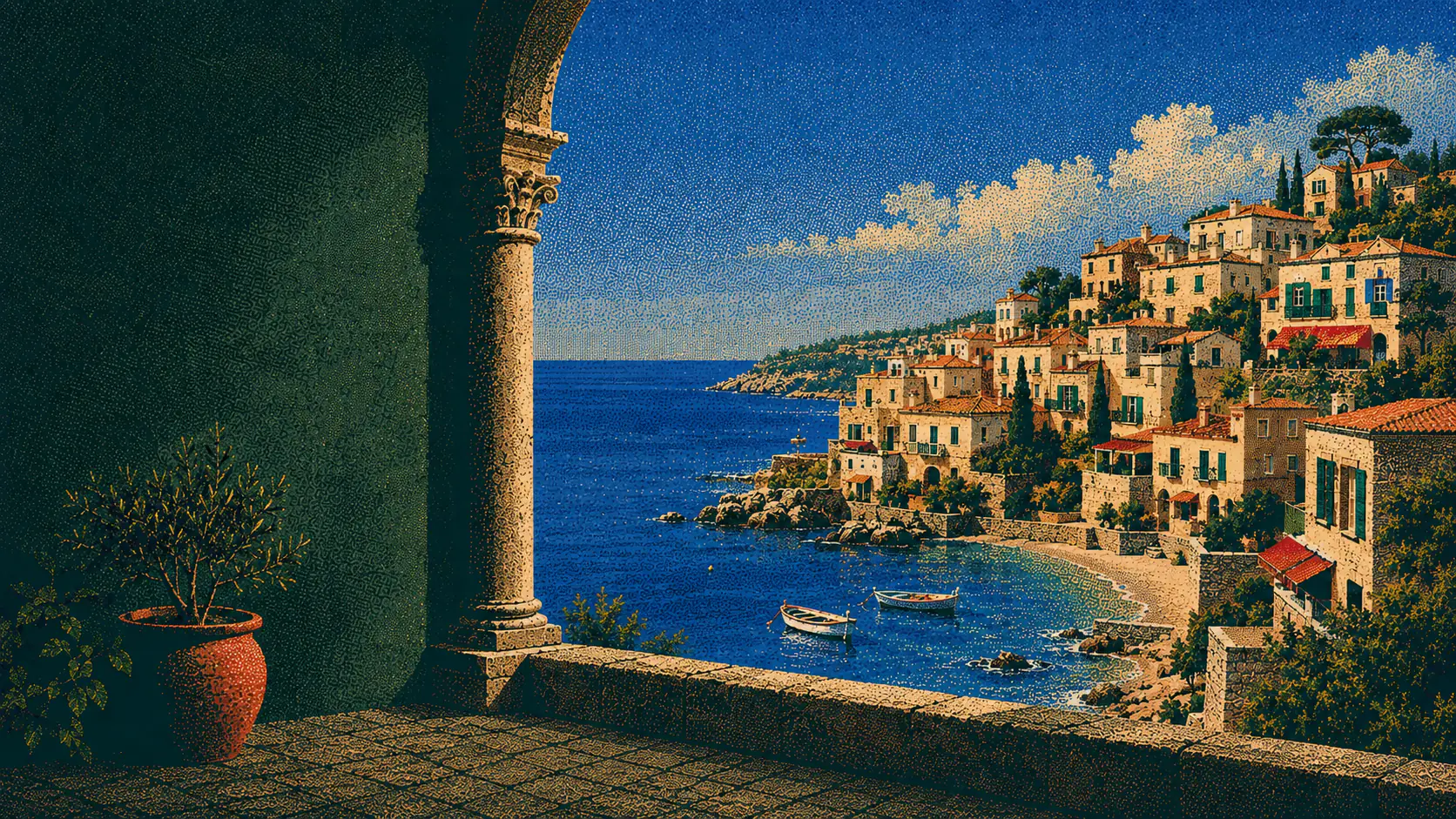 A shaded bottle-green terrace with a potted olive tree and stone column, opening onto a Mediterranean village above a cobalt bay